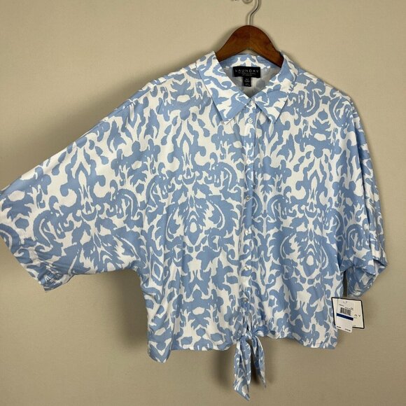 Laundry by Shelli Segal Top XL Blue Damask Crop Button Up Tie Hem 3/4 Dolman Sl - Picture 3 of 11
